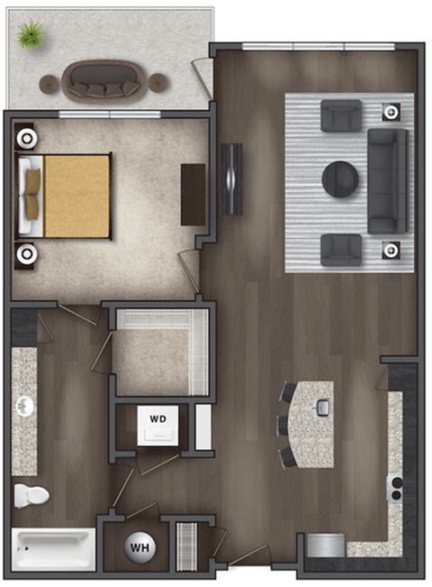 Floor plan for 1 bed, 1 bath, 747 sqft